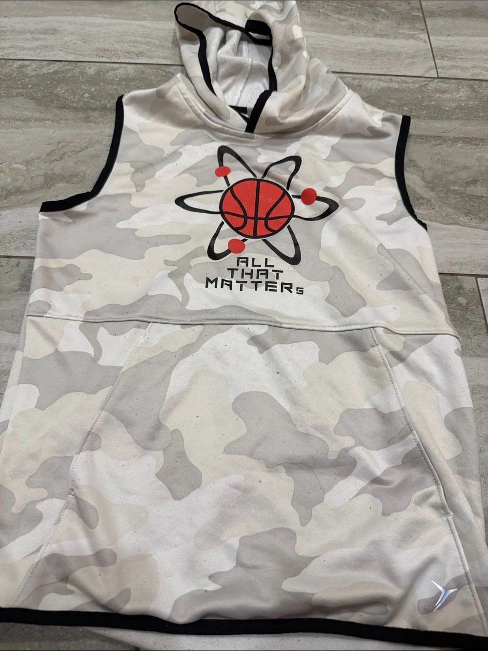 Old Navy White/Cream Camo Sleeveless Hoodie with Orange Basketball Graphic
